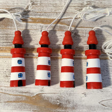 Load image into Gallery viewer, Set of 4 Red and white Lighthouse light pulls | Nautical Theme Wooden Lighthouse Cord Pull Light Pulls