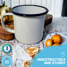 Load image into Gallery viewer, ENAMEL MUG with BLUE RIM | Camping mugs | Travel mug | Small mug | Enamel tumbler cup | Mug for tea, coffee and hot drinks | 285ml 8cm (H) x 9cm (D)
