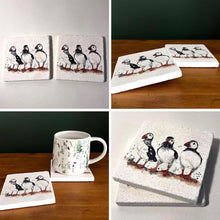 Load image into Gallery viewer, Two Puffin Stone Coasters with watercolour illustration, Decorative Wildlife Coasters, British artist, Meg Hawkins