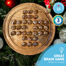 Load image into Gallery viewer, 30cm Diameter MANGO WOOD SOLITAIRE BOARD GAME with PINKY GLASS MARBLES | |classic wooden solitaire game | strategy board game | family board game | games for one | board games