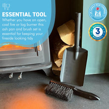 Load image into Gallery viewer, FIRESIDE BRUSH and  ASH SHOVEL set | Tidy clean log burner stove | Powder coated black finish | Hearth Iron Fireside Tidy Set | Ash Pan and brush set | Durable Steel set with Fireplace Dustpan and Brush | Coal Shovel
