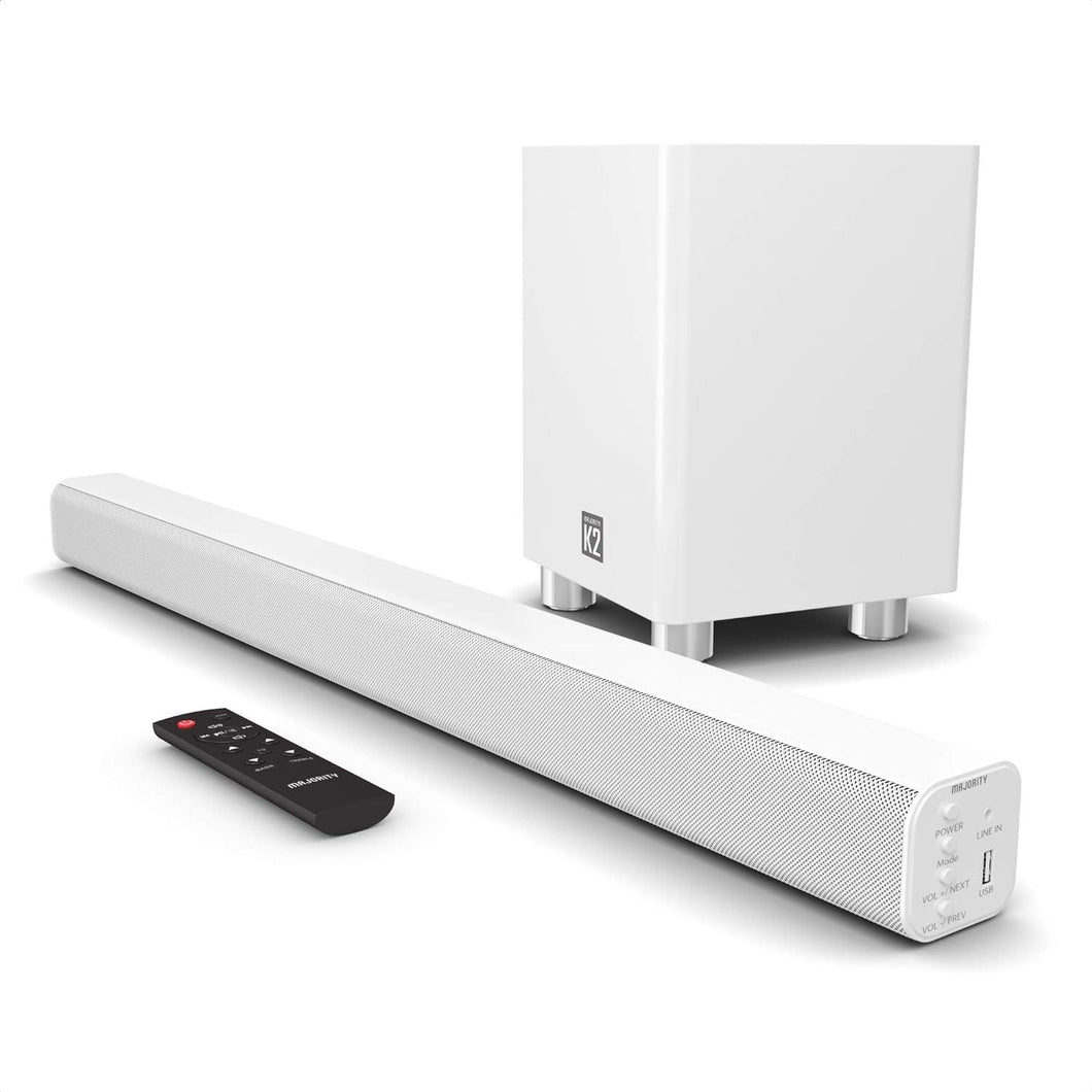 Majority K2 SOUND BAR WITH SUBWOOFER | 150W Powerful Stereo 2.1 Channel Sound Bar for TV | Home Theatre 3D Surround Sound I HDMI ARC, Bluetooth, Optical & RCA Connection I USB & AUX Playback | White