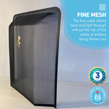 Load image into Gallery viewer, Black powder-coated FIRESIDE FIREGUARD SPARK GUARD FIRE SCREEN with decorative gold colour handle | 54cm wide x 62cm (H) x 10cm deep
