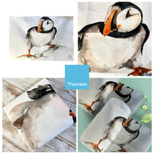 Load image into Gallery viewer, CURIOUS PUFFIN TEA TOWEL | 100% Cotton | Large kitchen towel for drying| Hand towel with group of Puffins | Puffin themed gift | Beach Gift | Cotton tea towel | 70 cm x 50 cm