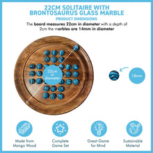 Load image into Gallery viewer, 22cm Diameter wooden SOLITAIRE BOARD GAME with BRILLIANT BLUE BRONTOSAURUS SWIRL GLASS MARBLES | classic wooden solitaire game | strategy board game | family board game | games for one | board games