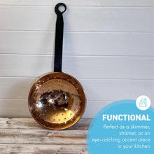 Load image into Gallery viewer, Large Decorative Copper Strainer & Skimmer Antique Farmhouse Décor, Slotted Copper Scoop for Hanging Kitchen Display, Vintage Style