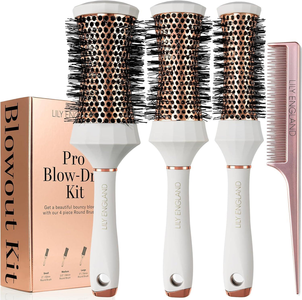 Lily England Round Hair Brush Set, 4 Piece Professional Blow Dry Kit with 3 Round Brushes and Comb for Styling, Beauty Gifts Sets for Women