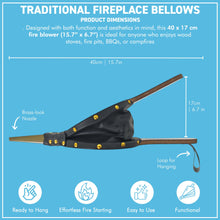 Load image into Gallery viewer, 𝗧𝗥𝗔𝗗𝗜𝗧𝗜𝗢𝗡𝗔𝗟 𝗦𝗧𝗬𝗟𝗘 𝗪𝗢𝗢𝗗 & 𝗙𝗔𝗨𝗫 𝗟𝗘𝗔𝗧𝗛𝗘𝗥 𝗙𝗜𝗥𝗘𝗣𝗟𝗔𝗖𝗘 𝗕𝗘𝗟𝗟𝗢𝗪𝗦 𝟰𝟬𝗖𝗠 – Log Fire Air Blower for Wood Burners | Coal Stoves | Winter Heating | Cosy | Fireplace Accessories and Gifts