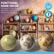 Load image into Gallery viewer, Set Of three Globes with individual display stands | Exploration globes desk set | Each 10cm in diameter | Presented in gift packaging | showcase different cartographic styles