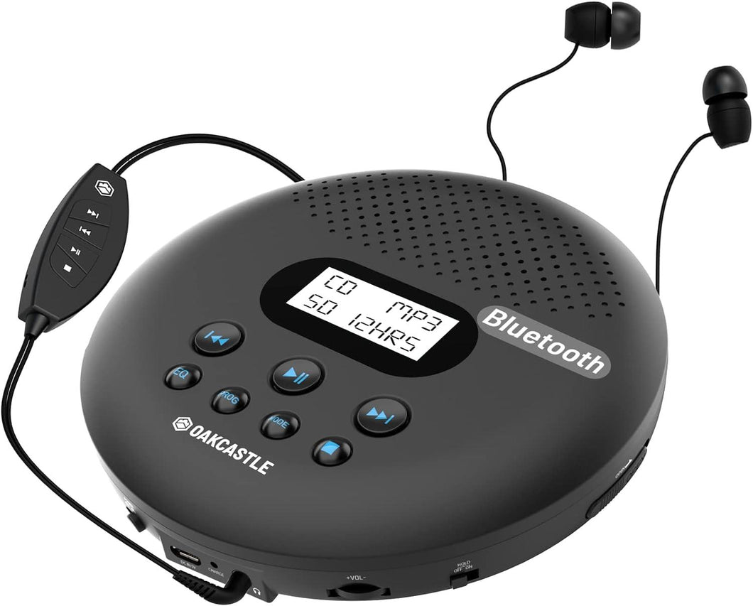 Bluetooth Portable CD Player with Speakers | Rechargeable Battery & 12 Hours of Playtime | Stereo Speakers & In-line Remote Headphones Included | AUX, Custom EQ Settings, Anti-Skip | Oakcastle CD125