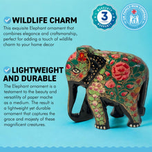 Load image into Gallery viewer, BLACK, GREEN AND PINK PAPER MACHE ELEPHANT ORNAMENT | Animal Decoration | Wildlife Sculpture | Paper Mache Animal | Multi Coloured| Home Decor | Elephants represent Good Luck