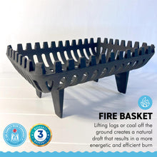 Load image into Gallery viewer, FREESTANDING 16 INCH CAST IRON FIRE BASKET | Solid Fuel Wood Log Coal |  for open fireplaces | Large Cast Iron Sturdy Fireplace Accessory | Suitable for indoor or outdoor use