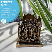 Load image into Gallery viewer, Elegant Art Nouveau Sunflower Pen Holder – Polished Brass Desk Organizer, Tidy Rack for Workspace Decor