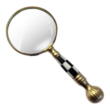 Load image into Gallery viewer, Magnifying Glass with Mother of Pearl Inlay and ball and chess patterned handle, elegant decorative handheld magnifier for reading and collecting