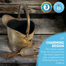 Load image into Gallery viewer, 28cm(h) Antique copper finish COAL BUCKET | scuttle | hod | BUILT IN 30CM SHOVEL | Fireside accessory | log store | fireplace