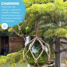 Load image into Gallery viewer, TWO DEEP GREEN GLASS FISHING FLOAT ORNAMENTAL SEA BUOY | hand blown | nautical seafaring fishing rustic décor | 10cm diameter | with rustic brown string netting and hanging loop | Japanese style glass fishing floats