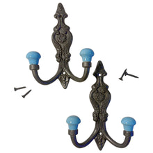 Load image into Gallery viewer, Set of 2 𝗙𝗥𝗘𝗡𝗖𝗛 𝗦𝗧𝗬𝗟𝗘 𝗖𝗔𝗦𝗧 𝗜𝗥𝗢𝗡 𝗗𝗢𝗨𝗕𝗟𝗘 𝗛𝗢𝗢𝗞𝗦 – Duck Egg Blue Ceramic Tops, Wall Coat Hooks for Hallway, Cloakroom, Bedroom