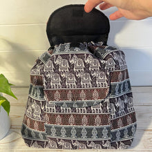 Load image into Gallery viewer, ELEPHANT BACKPACK| BAG WITH FRONT AND INSIDE POCKET | Multi-coloured bag | Unisex bags | Backpack for beach and travel | Elephant gifts | 35cm (L) x 34cm (W)
