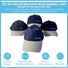 Load image into Gallery viewer, Set of 4 Adjustable Navy-Blue Baseball Caps, Engineer, Captain, Crew & First Mate, Nautical Boating Hats for Sailing, Yachting & Team Uniform