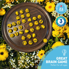 Load image into Gallery viewer, 30cm Diameter WOODEN SOLITAIRE BOARD GAME with BUMBLEBEE GLASS MARBLES | classic wooden solitaire game | strategy board game | family board game | games for one | board games