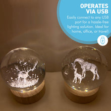 Load image into Gallery viewer, Set of Two 3D Crystal Ball Night Light USB Lamp with Reindeer and Giraffe designs, elegant modern illumination for any room