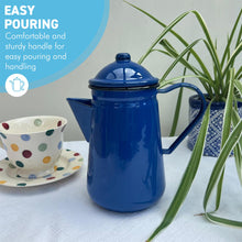 Load image into Gallery viewer, Elegant Traditional Blue Enamel Coffee Pot 1.5 Pint Capacity, Ideal for Home and Outdoor Use with Handle and Lid