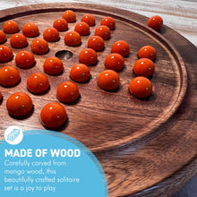 Load image into Gallery viewer, 22cm Diameter wooden SOLITAIRE BOARD GAME with OPAL ORANGE GLASS MARBLES | classic wooden solitaire game | strategy board game | family board game | games for one | board games
