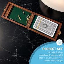 Load image into Gallery viewer, Folding Wooden Cribbage Board and Travel Set with Cards and Metal Scoring Pins – Compact, Portable Cribbage Game Box