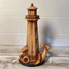 Load image into Gallery viewer, Handcrafted Wood-Effect Lighthouse: 22cm Height, Intricate Carving, Adorned with Whale Tail Design