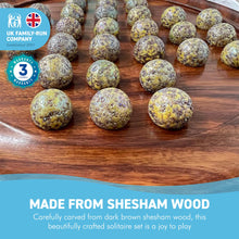 Load image into Gallery viewer, 30cm Diameter WOODEN SOLITAIRE BOARD GAME with SPECKLED GOLDEN SPINOSAURUS GLASS MARBLES | |classic wooden solitaire game | strategy board game | family board game | games for one | board games