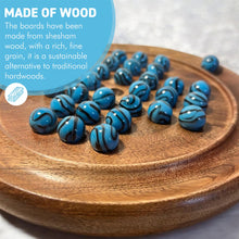 Load image into Gallery viewer, 22cm Diameter wooden SOLITAIRE BOARD GAME with BRILLIANT BLUE BRONTOSAURUS SWIRL GLASS MARBLES | classic wooden solitaire game | strategy board game | family board game | games for one | board games