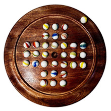 Load image into Gallery viewer, 22cm Diameter wooden SOLITAIRE BOARD GAME with OLD GLORY WHITE SWIRL GLASS MARBLES | classic wooden solitaire game | strategy board game | family board game | games for one | board games