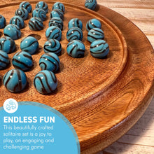 Load image into Gallery viewer, 22cm Diameter wooden SOLITAIRE BOARD GAME with BRILLIANT BLUE BRONTOSAURUS SWIRL GLASS MARBLES | classic wooden solitaire game | strategy board game | family board game | games for one | board games
