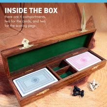 Load image into Gallery viewer, Wooden cribbage board with pegs and two packs of playing cards