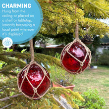 Load image into Gallery viewer, TWO DEEP RED GLASS FISHING FLOAT ORNAMENTAL SEA BUOY | hand blown | nautical seafaring fishing rustic décor | 10cm diameter | with rustic brown string netting and hanging loop | Japanese style glass fishing floats