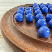 Load image into Gallery viewer, 30cm Diameter DARK WOOD SOLITAIRE BOARD GAME with OPAL BLUE Glass Marbles | |classic wooden solitaire game | strategy board game | family board game | games for one | board games
