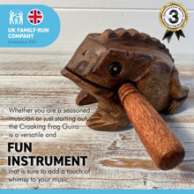 Load image into Gallery viewer, WOODEN CROAKING FROG GUIRO in a gift Box | Percussion Instrument | Fair Trade Percussion Instrument| Musical Instrument Sound Block | Childrens Musical Instrument| Frog| Wooden Frog
