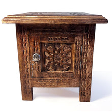 Load image into Gallery viewer, Folding Wooden Side Table with lockable storage, Decorative Wooden Side Table with cutwork detail, Bedside Table