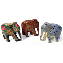 Load image into Gallery viewer, SET OF THREE PAPER MACHE ELEPHANT ORNAMENTS | Animal Decorations | Wildlife Sculptures | Paper Mache Animals | Multi coloured | Home Decor | Elephants represent Good Luck