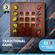 Load image into Gallery viewer, Noughts and Crosses marble game with wooden board | Tic Tac Toe strategy solitaire marble game | includes 10 glass marbles and wooden board | 14cm x 14cm | Strategic and Engaging Twist on a Classic game
