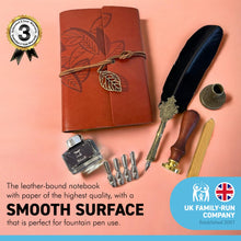 Load image into Gallery viewer, BLACK FEATHER QUILL 5 NIBS PEN NOTEBOOK QUILL PEN STAND INK WAX SEAL AND FLEUR DE LIS STAMP | Calligraphy Set | Writing Set | Ink Pen | Leather Bound Notebook | Feather Pen