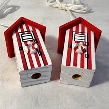Load image into Gallery viewer, Set of 2 Red and white beach hut light pulls| Nautical Theme Wooden Beach Hut Cord Pull Light Pulls