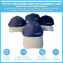 Load image into Gallery viewer, Set of 4 Adjustable Navy-Blue Baseball Caps, Skipper, First Mate, Crew & Cabin Boy, Nautical Boating Hats for Sailing, Yachting & Team Uniform
