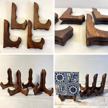 Load image into Gallery viewer, Set of Four 15cm, 6 Inch, Folding Wooden Plate Stands - Salver, Photo Plate, Display Stand, Wooden Bracket, Picture Frame Holder