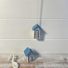 Load image into Gallery viewer, 2 x Light Blue and white beach hut light pulls | Nautical Theme Wooden Beach Hut Cord Pull Light Pulls
