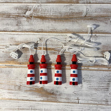 Load image into Gallery viewer, Set of 4 Red and white Lighthouse light pulls | Nautical Theme Wooden Lighthouse Cord Pull Light Pulls