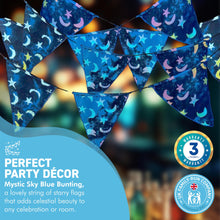 Load image into Gallery viewer, MYSTIC SKY BUNTING | Fabric Bunting | Reusable Decorations | Stars and Moons | Blue Bunting | Party decorations | Eco Decorations