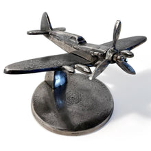 Load image into Gallery viewer, Distressed Silver Aluminum Spitfire Model Plane on Stand – Vintage Aircraft Decor Collectible