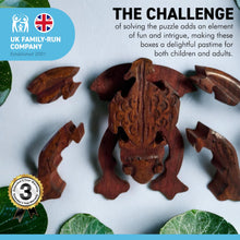 Load image into Gallery viewer, 7-piece Frog Wooden Puzzle Box | Wooden Frog Puzzle Box | Handmade wooden puzzle box | Handmade Wooden trinket secrets Box | Sustainable Shesham wooden hand carved box | 14cm (w) x 5cm (h)