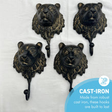 Load image into Gallery viewer, Set of Four Sturdy Wall-Mounted Cast Iron Lion Head Hook Hanger for Hats, Coats, Clothes - Perfect for Kitchen, Bathroom, Bedroom, Office